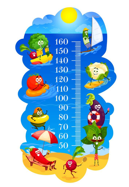Kids height chart. Cartoon vegetables on summer beach leisure, vector growth ruler with cauliflower on surfboard, cucumber on windsurfing, radish and spinach, tomato and eggplant, broccoli and avocado - Vecteur, image