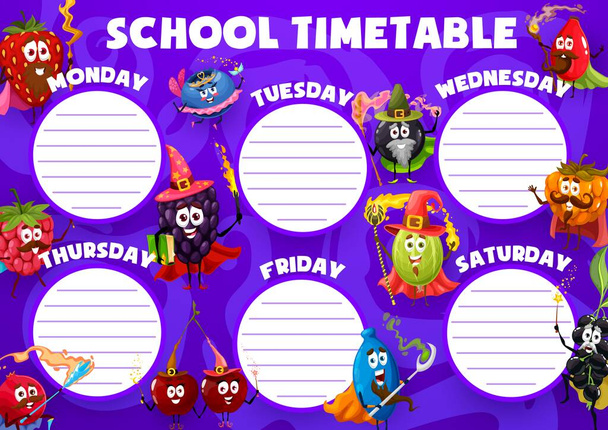 Cartoon wizard mage and witch berry characters, education timetable schedule vector planner. School weekly plan and timetable schedule with berries magicians, cherry and strawberry with magic wands - Vector, afbeelding