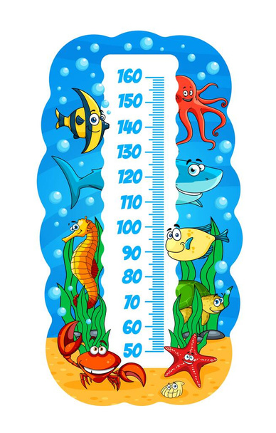 Lasten korkeus kaavio, vedenalainen sarjakuva merieläimet, vektori kasvun mittari mittakaavassa kalaa merivedessä, mustekala ja hauska merihevonen, hai ja rapu, kilpikonna ja meritähti - Vektori, kuva