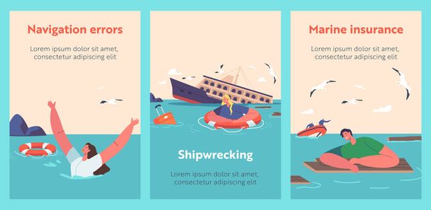 Shipwreck Cartoon Banners. Shocked People Try to Survive in Ocean with Sinking Ship and Scatter Floating Debris on Water Surface. Characters in Sea Accident, Catastrophe. Vector Illustration, Posters - Vector, afbeelding