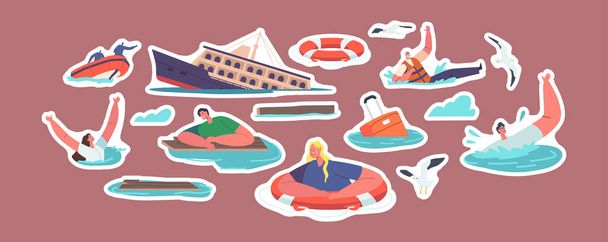 Set of Stickers Shipwreck and Sinking People Trying to Survive in Ocean, Shipwrecked Ship, Gulls, Rescuers on Boat, Characters after Sea Accident, Catastrophe. Cartoon Vector Illustration, Patches - Вектор,изображение