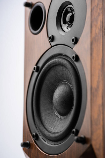 Music speakers on white background. Audio technica. Bookshelf speaker system for home entertainment. - Foto, Imagen
