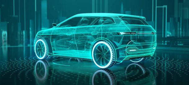 Augmented reality of wireframe car concept on the road and futuristic city on the background. SUV car in back side view. Professional 3d rendering of own designed generic non existing car model. - Foto, Imagem