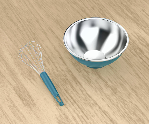 Balloon whisk and empty metal bowl on wood table - Foto, Imagem