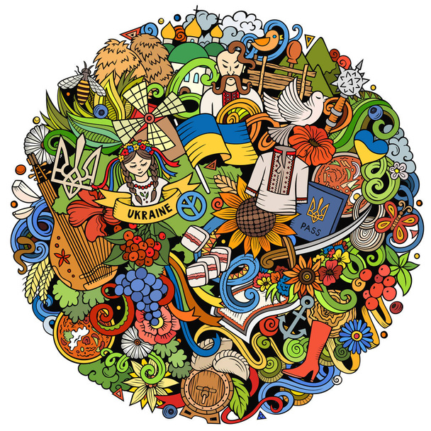 Украинские мультяшные растровые каракули круглые иллюстрации. Украинские символы, элементы и объекты фона. Яркие цвета смешная картинка. - Фото, изображение