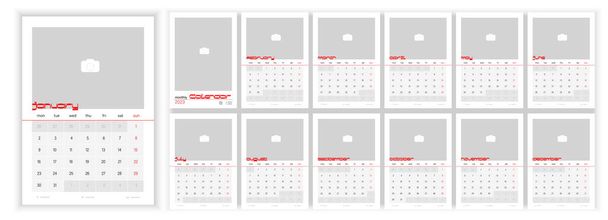Wall Monthly Photo Calendar 2023. Simple monthly vertical photo calendar Layout for 2023 year in English. Cover Calendar, 12 months templates. Week starts from Monday. Vector illustration - ベクター画像