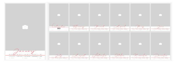 Wall Monthly Photo Calendar 2023. Simple monthly vertical photo calendar Layout for 2023 year in English. Cover Calendar, 12 months templates. Week starts from Monday, Sanday. Vector illustration - Wektor, obraz