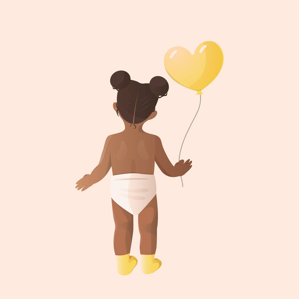 Back view of standing dark-skinned baby girl in diapers with a balloon - Вектор,изображение