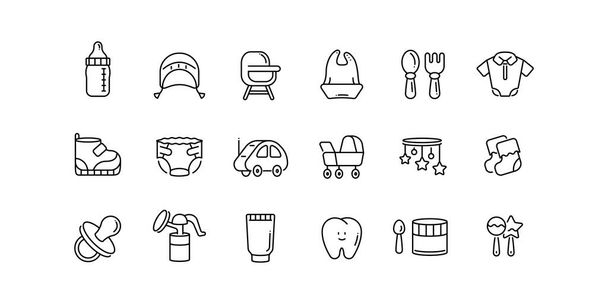 Icons set of products for children and motherhood. Outline style, isolated vector illustration - Vektor, kép