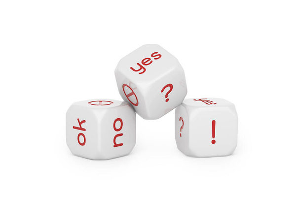 3 white dices with red color words signs is yes no OK ! ? on white background. Gambling ignorance and confusion risky investment business success idea. Isolated with clipping path. 3D Illustration. - Foto, imagen