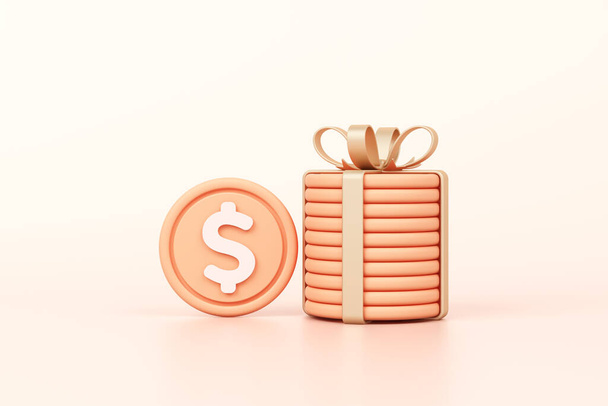 stacked gold coins tied with bow and ribbon in gift box idea. gift voucher, business profit, bonus special and promotion cash back or bank bank interest money. object clipping path. 3D Illustration. - Фото, изображение