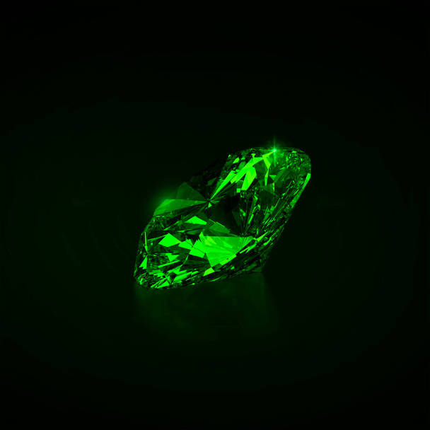 Green dazzling diamond on black background. 3D render - Фото, изображение