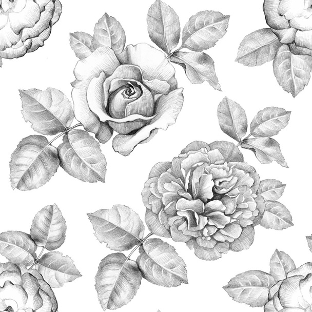 Pencil drawings of flowers pattern - Foto, Imagen