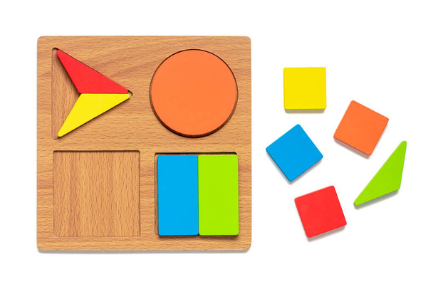 Set of shape Montessori style toys Children wooden eco friendly logic games for preschool kids Playthings for baby development. Collection of educational elements for early childhood development. - Photo, Image