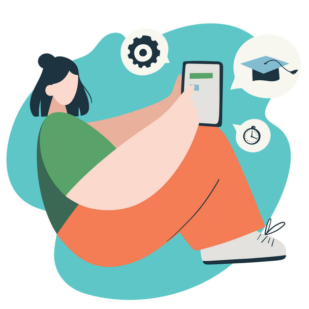 Young woman online student sits with tablet in her hands. Concept vector illustration - Vektor, obrázek