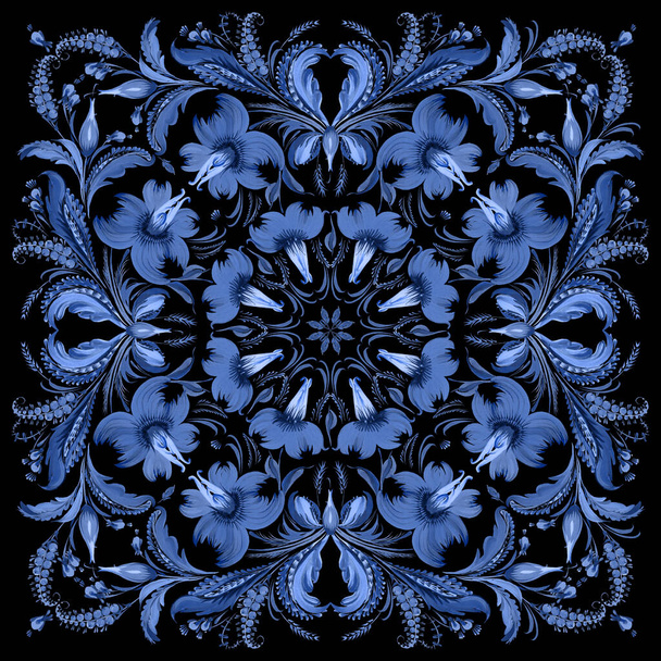 Batik floral pattern in Ukrainian folk painting style Petrykivka for shawl, carpet, bandana, ceramic tile with blue flowers, leaves, branches isolated on a black background - Foto, immagini