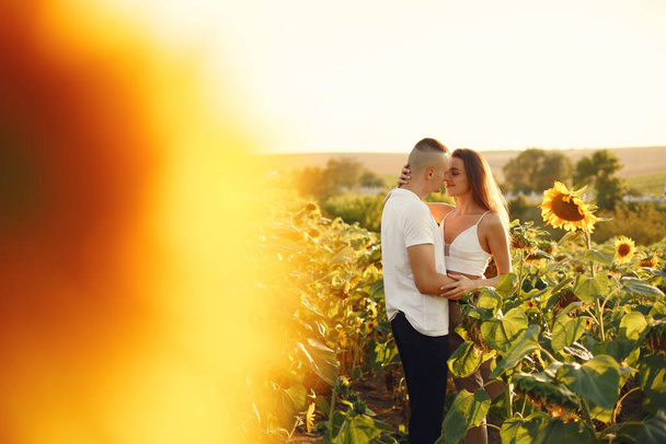 Young loving couple is kissing in a sunflower field. Portrait of couple posing in summer in field. - Фото, зображення
