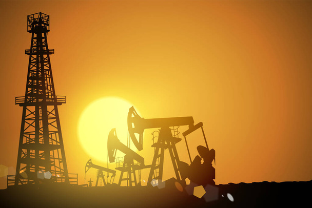 Oil field over sunset. Vector illustration. Gas industry. Dark silhouette drilling rig - Vector, Image