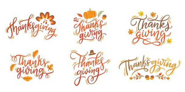 Hand lettering of thanksgiving day festival celebration banner vector calligraphy style. - Vector, afbeelding