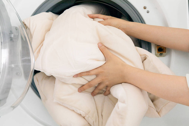 aesthetic laundry concept, washing blanket - Foto, afbeelding