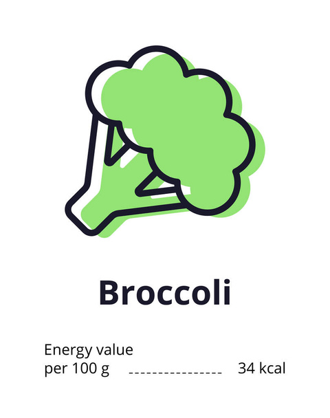 Healthy vegetarian product icon. A tasty broccoli icon. Energy value of broccoli. Illustration on white background - Photo, image