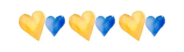 Blue and yellow hearts with the flag of Ukraine. Ukrainian Russian war. Watercolor cartoon isolated illustration. - Zdjęcie, obraz