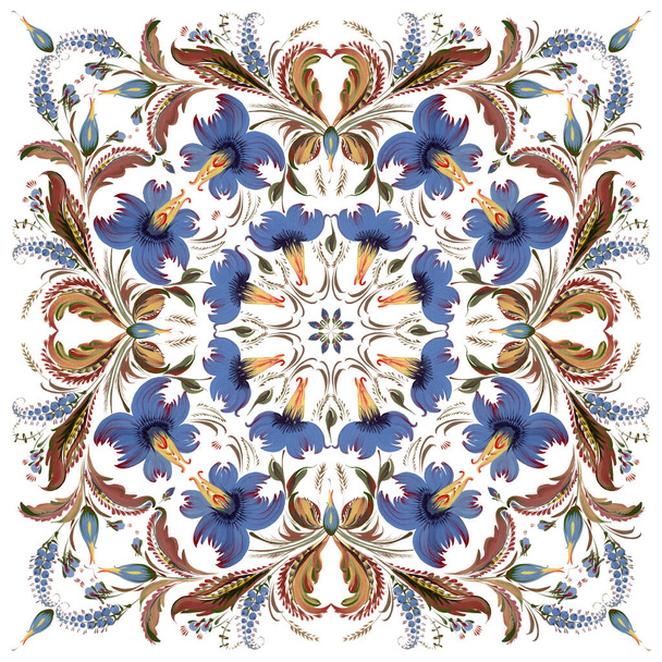Batik floral pattern in Ukrainian folk painting style Petrykivka for shawl, carpet, bandana, tile with blue flowers, brown leaves, branches on a white background - Photo, Image