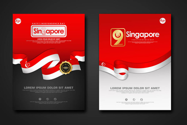 Set poster design Singapore happy National Day background template with elegant ribbon-shaped flag, gold circle ribbon. vector illustrations - Vector, Image
