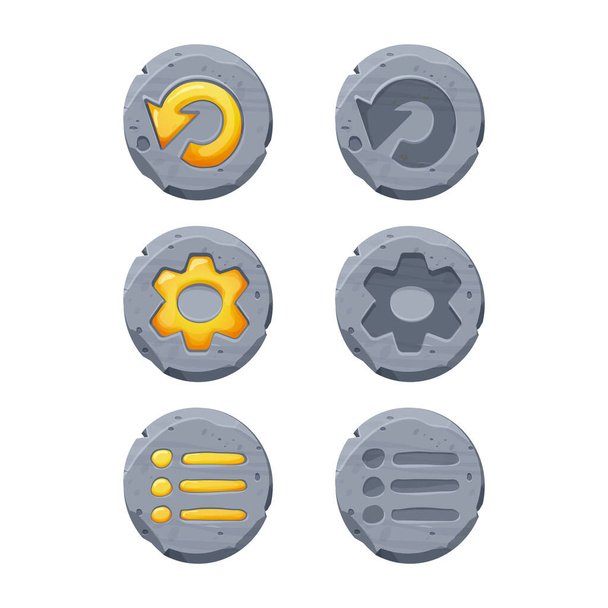 Definir início e botões fechados no círculo de pedra em estilo de desenho animado cômico, ui elemento de design do jogo, objeto de interface isolado no fundo branco. Ilustração vetorial - Vetor, Imagem