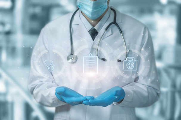 Doctor showing medical registry icon on blurred background. - Foto, imagen