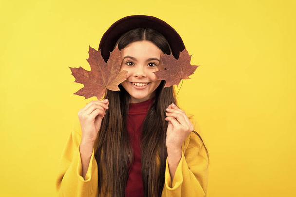happy kid in hat and coat with autumn maple leaves on yellow background, autumn. - Foto, Imagem