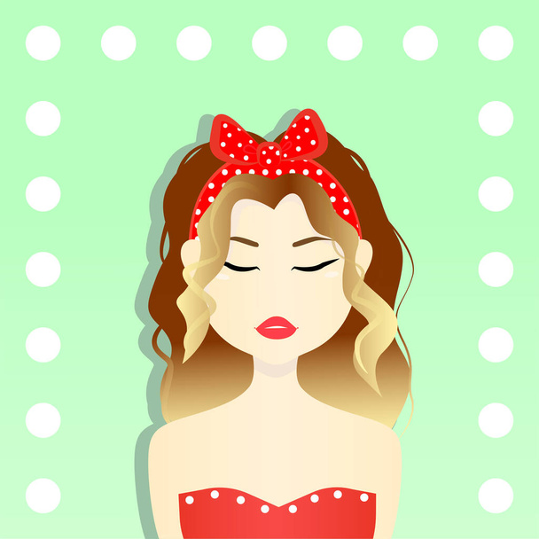 Brown haired woman girl in red dress with red bow and white circles on it, with red lips and closed eyes on light green background flat vector illustration. Beauty, fashion, makeup concept. - Wektor, obraz