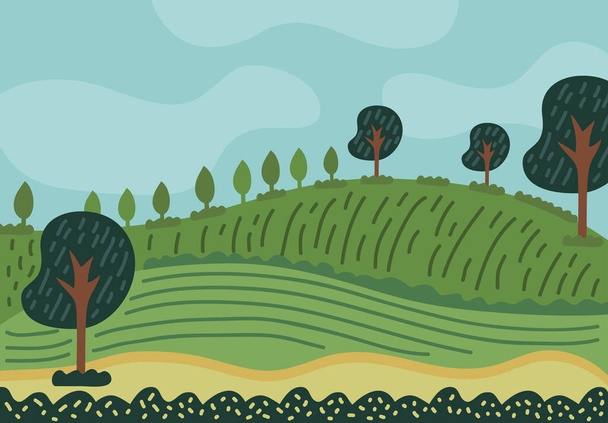 сільський пейзаж з травою і деревами
 - Вектор, зображення