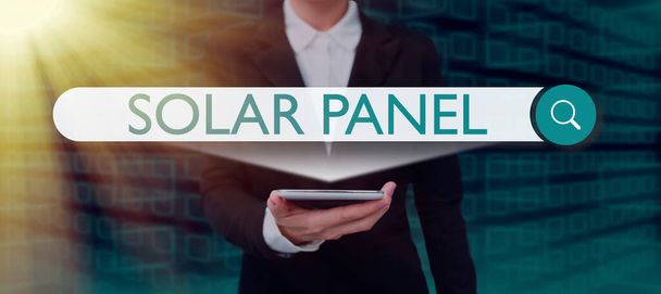 Hand writing sign Solar Panel, Word for designed to absorb suns rays source of energy generating Businessman in suit holding notepad symbolizing successful teamwork. - Foto, imagen