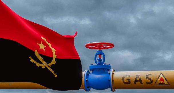 Angola gas, valve on the main gas pipeline Angola, Pipeline with flag Angola, Pipes of gas from Angola, 3D work and 3D image - Foto, Bild