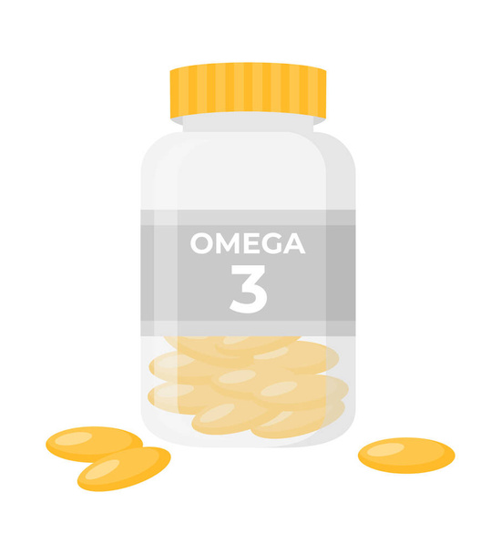 Omega 3 fish oil capsules in a transparent bottle. Flat vector illustration - Vector, Imagen