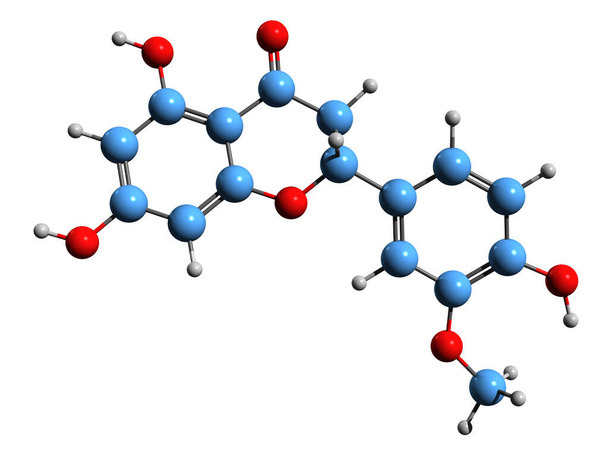 3D-зображення скелетної формули Homoeriodictyol - молекулярна хімічна структура гіркого флавону, ізольованого на білому тлі
 - Фото, зображення