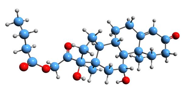  3D image of Hydrocortisone butyrate skeletal formula - molecular chemical structure of Hydrocortisone medication isolated on white background - Zdjęcie, obraz
