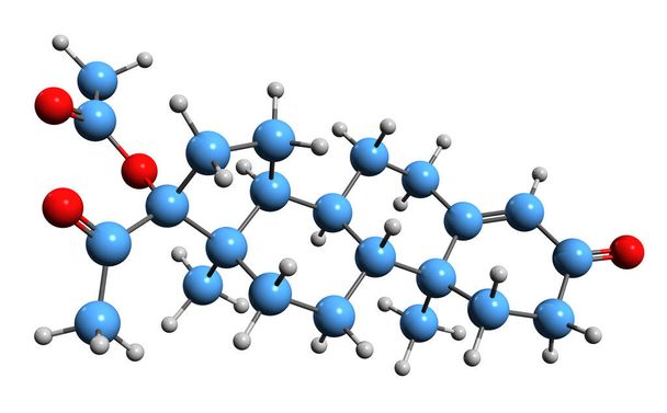 3D image of Hydroxyprogesterone acetate skeletal formula - molecular chemical structure of OHPA isolated on white background - Φωτογραφία, εικόνα