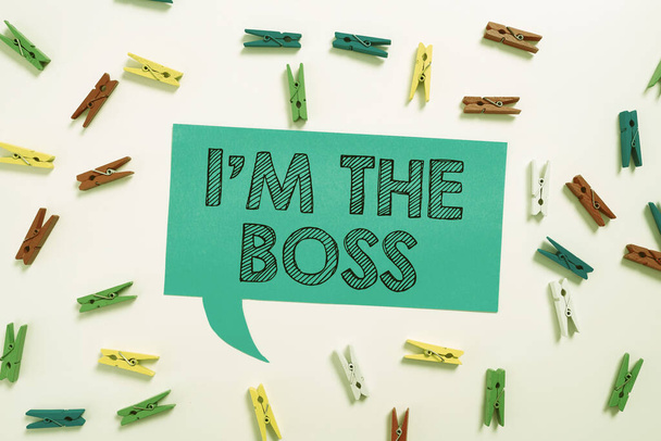 Handwriting text I M The Boss, Business approach Be the one that gives orders on a job or particular situation Colorful Pegs Placed Around Speech Bubble With Important Information. - Fotó, kép