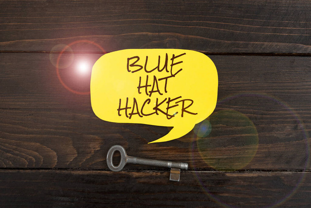 Hand writing sign Blue Hat Hacker, Word Written on Person consulting firms who bug system prior to its launch Speech Bubble With Key Over Wood Displaying Crucial Data And Strategies. - Zdjęcie, obraz