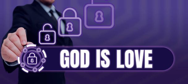 Text showing inspiration God Is Love, Business overview Believing in Jesus having faith religious thoughts Christianity Man Holding A Tablet Projecting A Camera Showing Creative Photography. - Photo, image