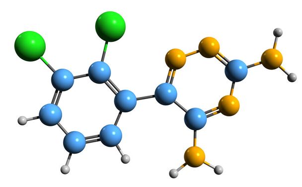  3D image of Lamotrigine skeletal formula - molecular chemical structure of epilepsy medication isolated on white background - Fotoğraf, Görsel
