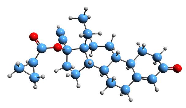 3D-зображення скелетної формули циклопропілекарбонату Левонгестрела - молекулярна хімічна структура прогестину ізольована на білому тлі
 - Фото, зображення
