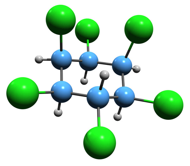 3D image of Lindane skeletal formula - molecular chemical structure of  neurotoxin gamma-hexachlorocyclohexane isolated on white background - Foto, immagini