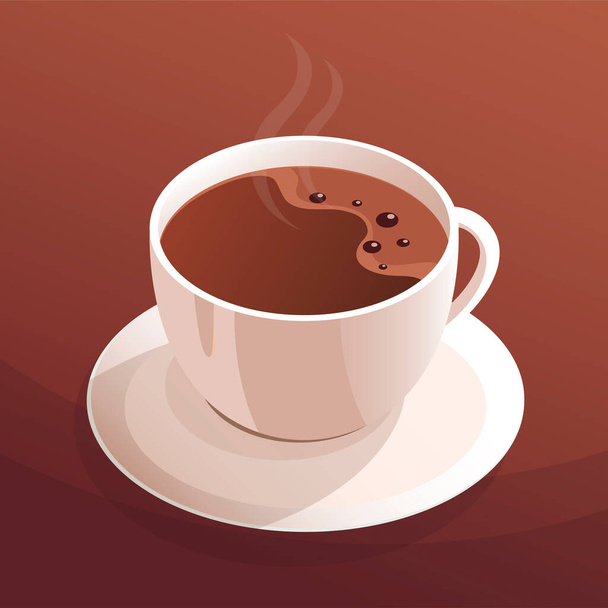 A cup of hot coffee on a saucer. Morning drink with caffeine. Fragrant tasty drink. Cappuccino, expresso. Design for label, poster, logo for a cafe. Vector realistic illustration on a brown background - Vector, afbeelding