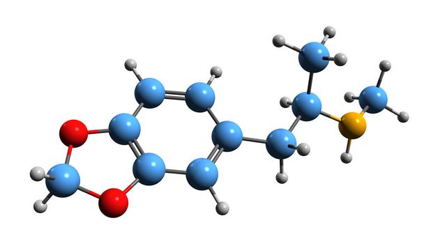 3D image of MDMA skeletal formula - molecular chemical structure of 3 4-methylenedioxy-methamphetamine isolated on white background - Foto, imagen