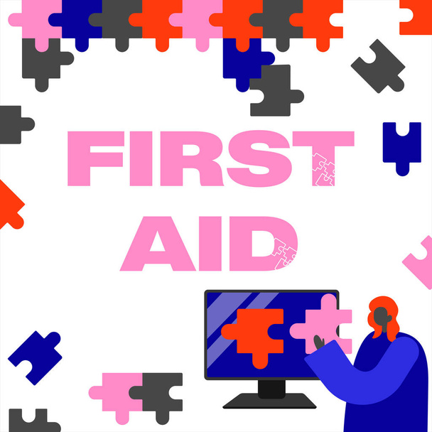 Inspiration showing sign First Aid, Business idea Practise of healing small cuts that no need for medical training Lady Holding Puzzle Piece Representing Innovative Problem Solving Ideas. - Photo, image