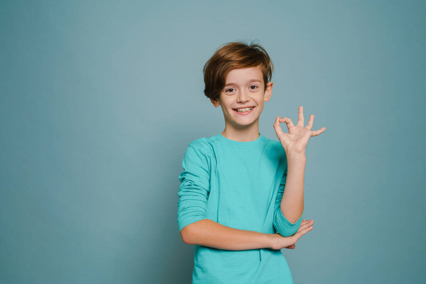 Ginger white boy wearing long sleeve smiling and showing ok sign isolated over blue wall - Foto, Imagen
