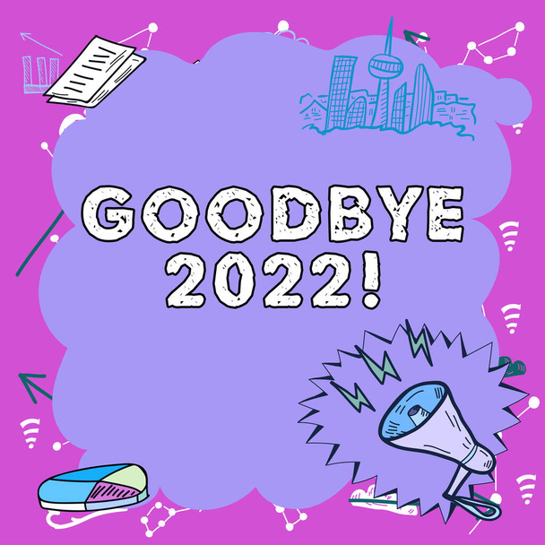 Hand writing sign Goodbye 2022, Business idea New Year Eve Milestone Last Month Celebration Transition Important Messages Presented In Frame With Megaphone, Chart And Skyline. - Φωτογραφία, εικόνα